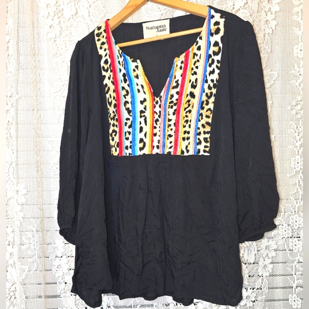 Savanna Jane, Black Flowy Boho Blouse With Embroidered, Womens L